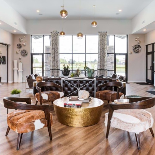 a large room with a large table and chairs