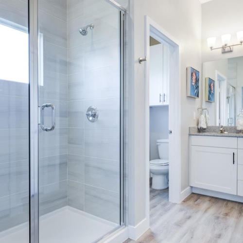 a bathroom with a glass shower