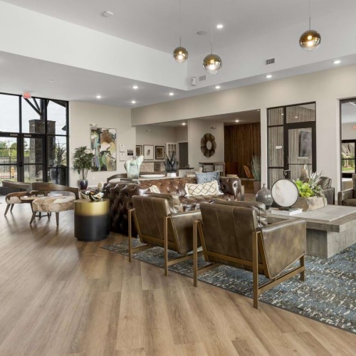 a large living room with a large rug and a large glass door